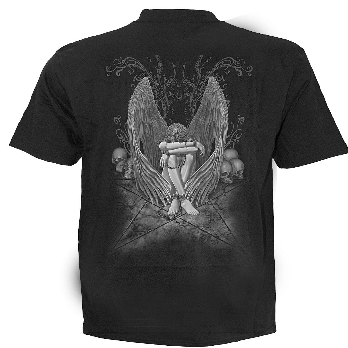 Ontdek de Angel Tee Unisex, een verontrustende stijl met een engel en pentagram. Geniet van de kwaliteit met 100% katoen, koop nu!