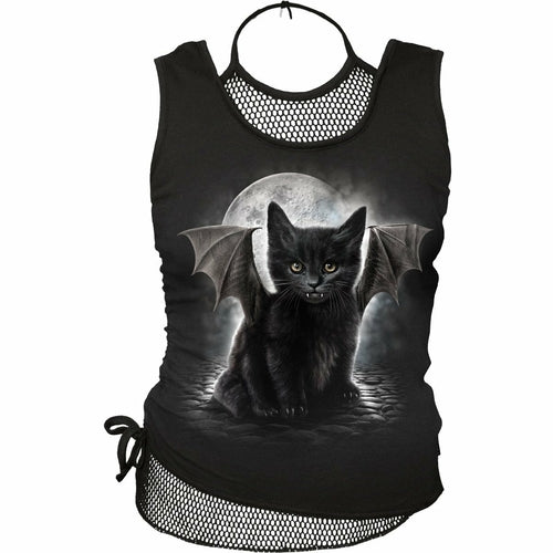 Laat je niet misleiden door dit katje in het maanlicht. Dit "2-in-1 Mesh Top Vleermuis Kat Print" is voor alledaags gebruik.