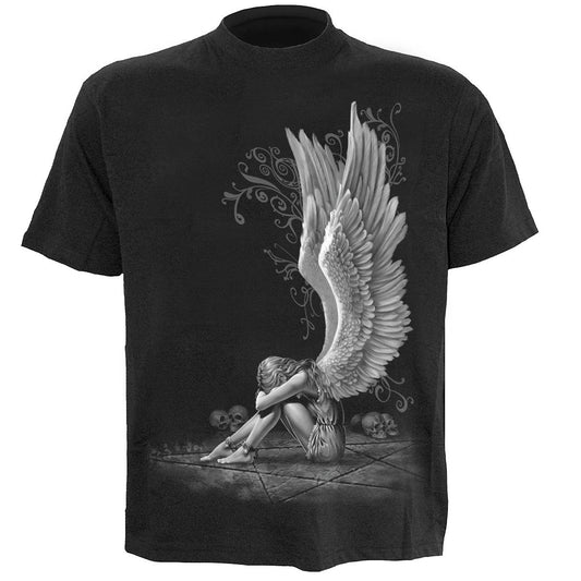 Ontdek de Angel Tee Unisex, een verontrustende stijl met een engel en pentagram. Geniet van de kwaliteit met 100% katoen, koop nu!