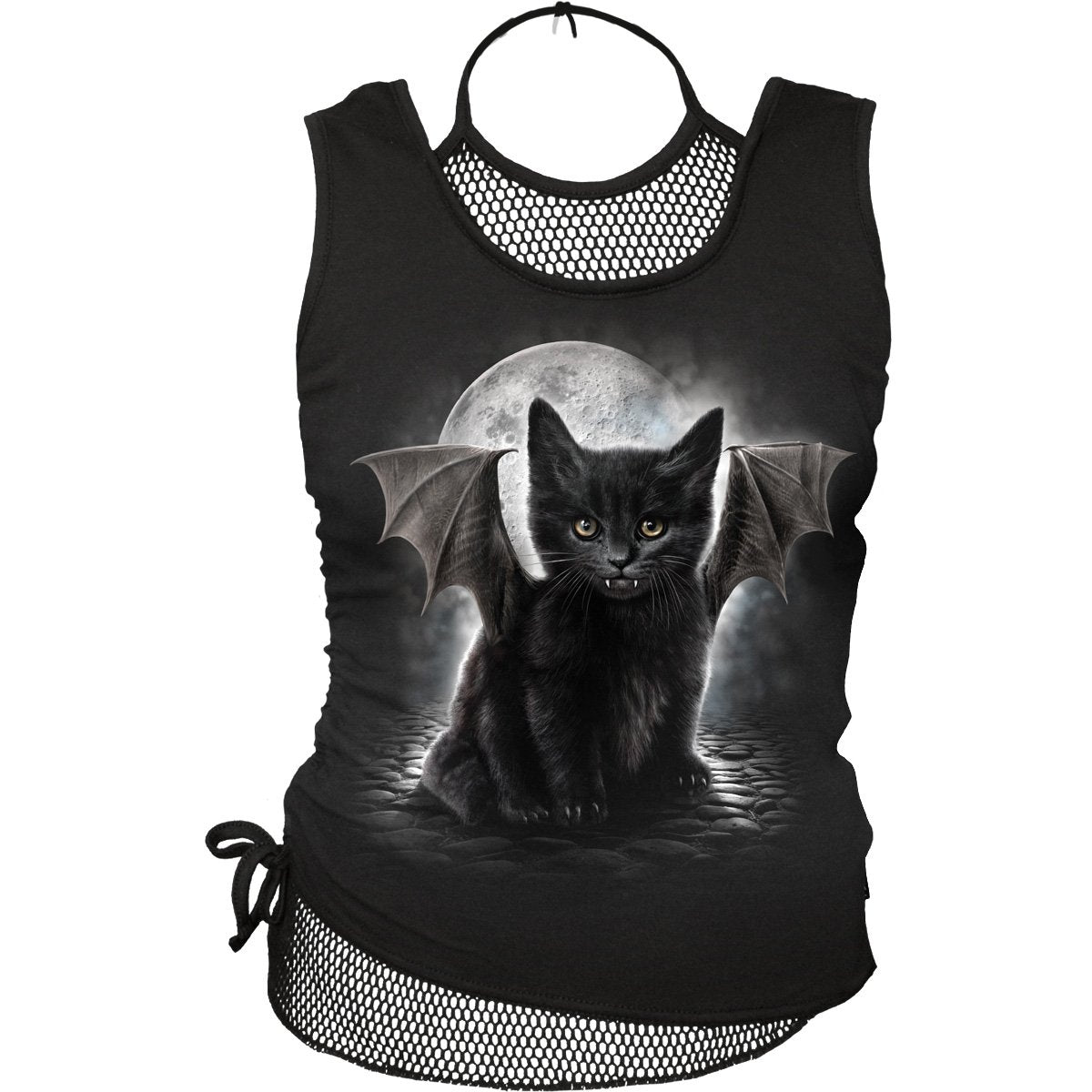 Laat je niet misleiden door dit katje in het maanlicht. Dit "2-in-1 Mesh Top Vleermuis Kat Print" is voor alledaags gebruik.