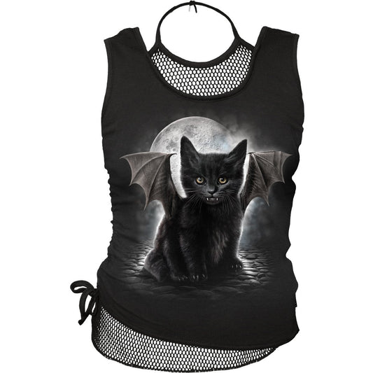 Laat je niet misleiden door dit katje in het maanlicht. Dit "2-in-1 Mesh Top Vleermuis Kat Print" is voor alledaags gebruik.