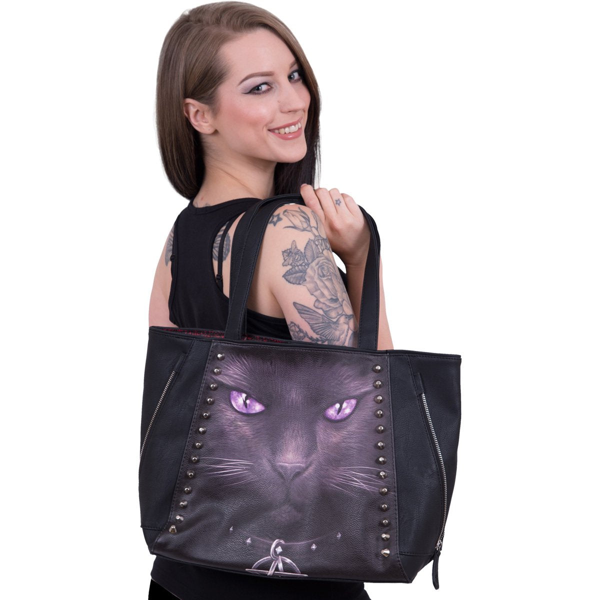 Laat deze "Zwarte Kat Tote Bag" je enige magische beste vriend zijn! Met zijn doordringende paarse ogen en pentagram-halsband is hij niet voor de poes.