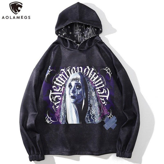 Gothic Witch Punk Letter Print Hoodie Men Casual Retro Hooded Rock