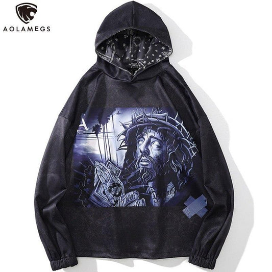 Hoodie Men Retro Gothic Statue Print Casual Hooded Sweatshirt Pullover